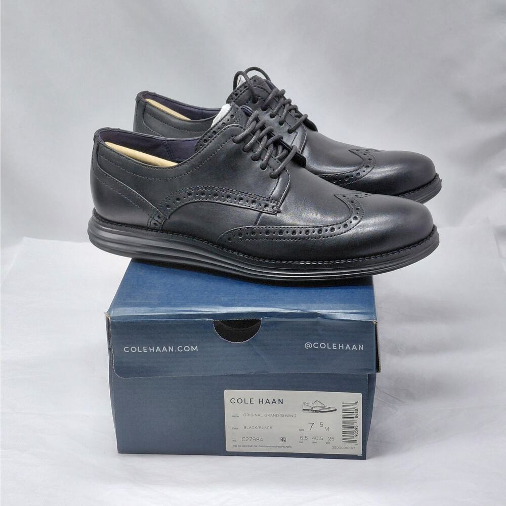 Cole Haan Mens Oxford Dress Shoes 7.5 Black Leather Wingtip Original Grand - Picture 14 of 14